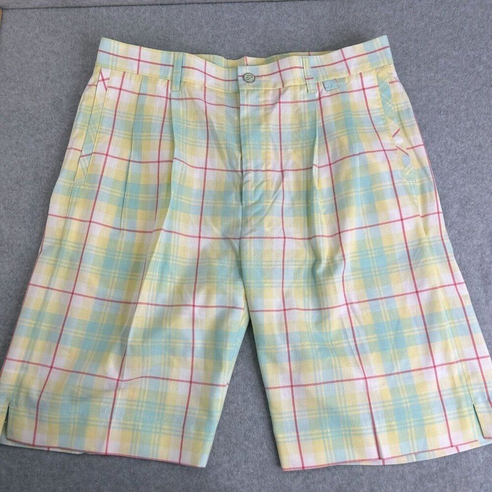 Men’s Ian Poulter‎ IJP Golf Size 34 x 10 Yellow Plaid Pastel Shorts With Pockets